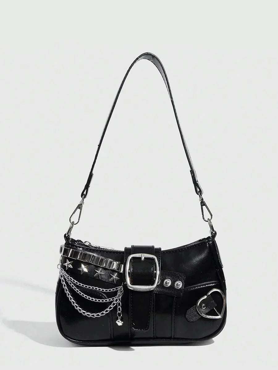 Sac à bandoulière avec chaine et motif en argenté noir