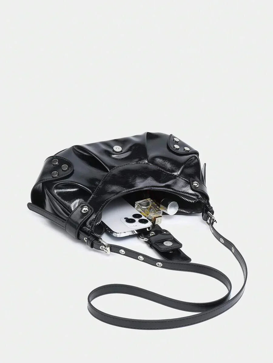 Sac en Simili Cuir a bandouliere pour femme noir cuir lisse detail affaire sac penche